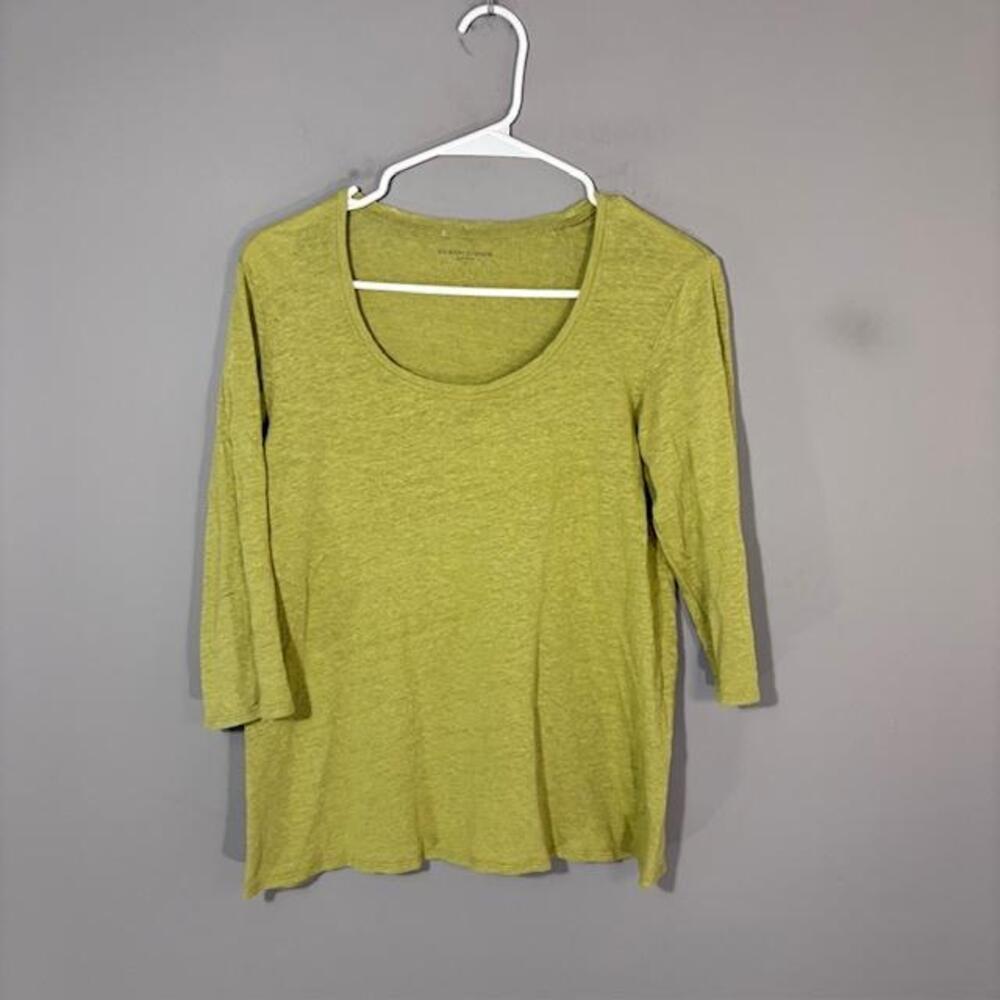 Eileen Fisher T-Shirt Womens Small Green Solid Linen Scoop Neck 3/4 Sleeve Top
